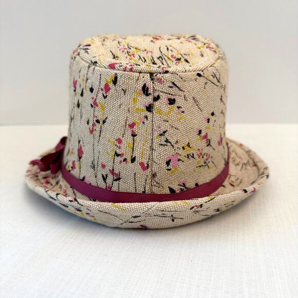 Studio thirtysix 100% Linen Women's Fedora Hat Beige w/ Floral Pattern Pink Bow - Picture 4 of 11